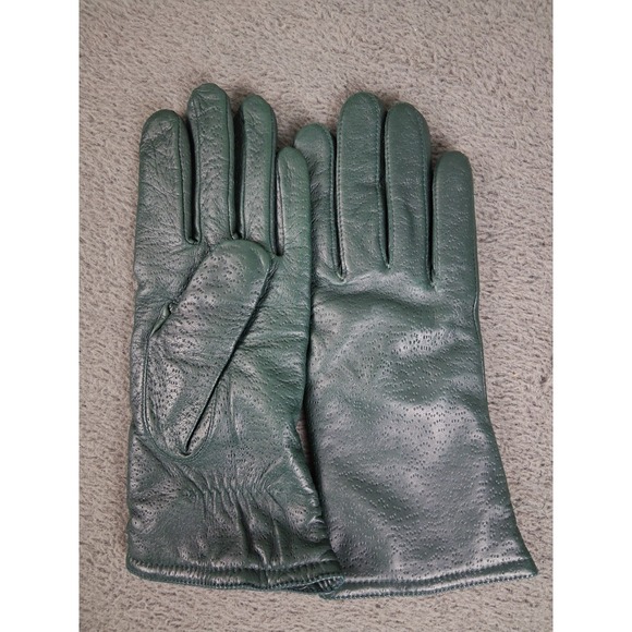 Vintage Isotoner by ARIS Green Leather Gloves Women 7.5 M Textured Lined - Picture 2 of 6